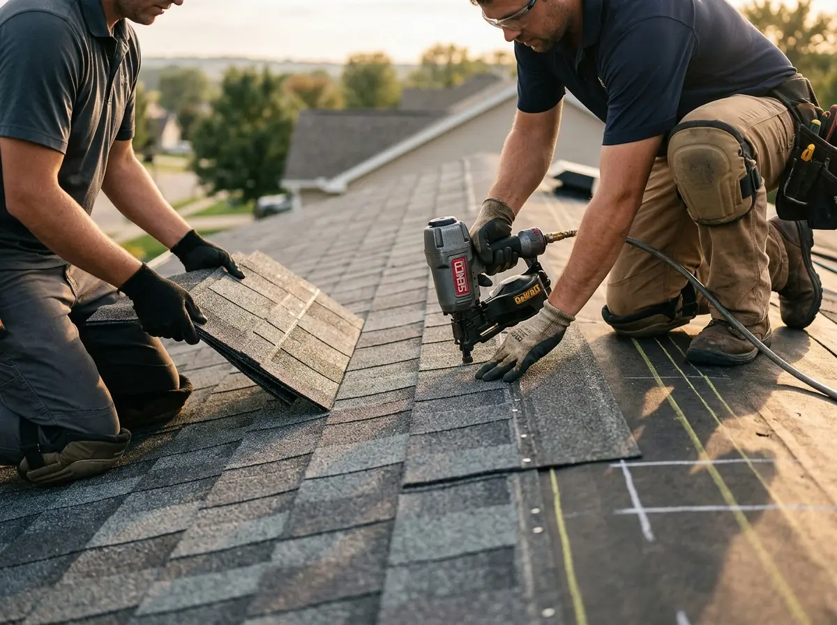 Professional roofer working on a residential roof in Sultan